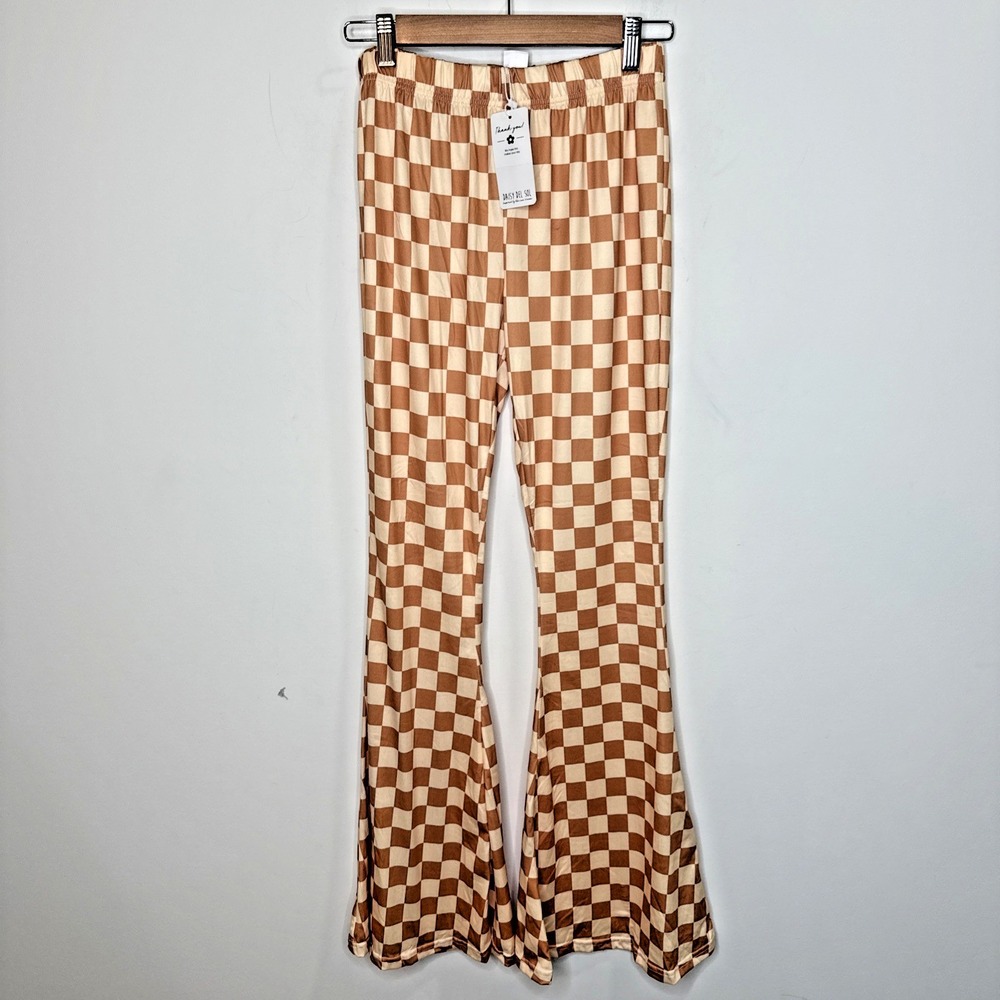 Check Boho Bell Bottom Pants Women Stretch Jersey Knit Flare Elastic Waist Tan M